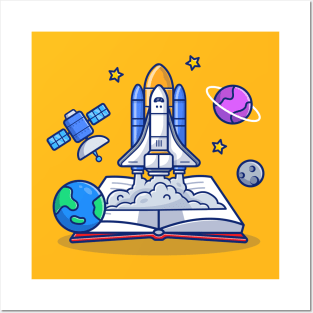 Space Shuttle With Book, Satellite And Planets Posters and Art